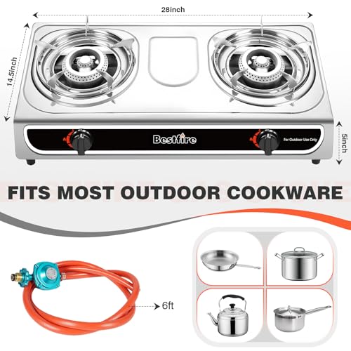 23,000 BTU Portable Dual-Burner Propane Stove with Auto Ignition – Stainless Steel Camping Stove for Outdoor Cooking, Emer...
