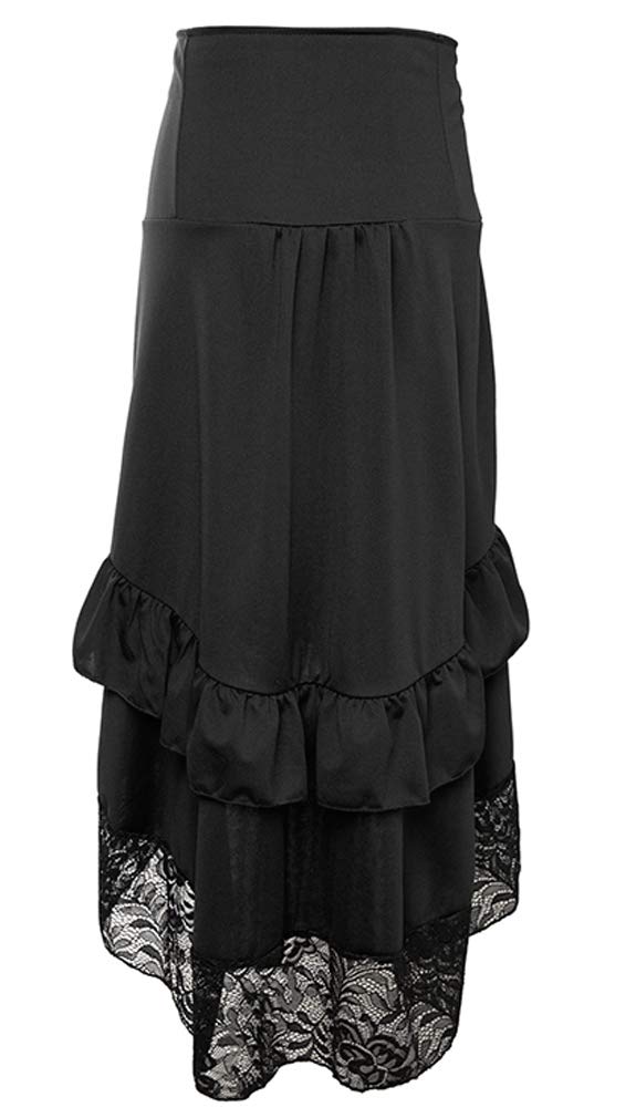 Charmian Women's Steampunk Victorian Gothic High Waist Lace Trim Ruffled High Low Bustle Skirt Black Small