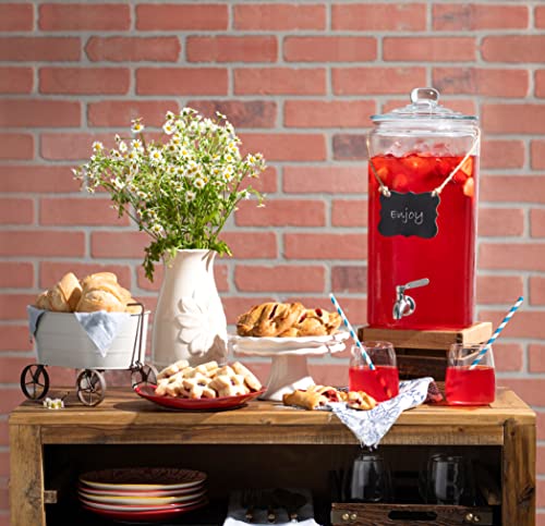 2 Gallon Beverage Dispenser with Stainless Steel Spigot + Marker & Chalkboard 100% Leakproof Glass Drink Dispenser for Par...