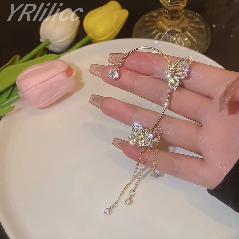 YRlilicc 2Pcs Glitter Rhinestone Butterfly Ear Cuff Vintage Non-Piercing Fake Earrings Bridal Wedding Climber Ear Wrap Prom Ball Ear Jewelry for Women