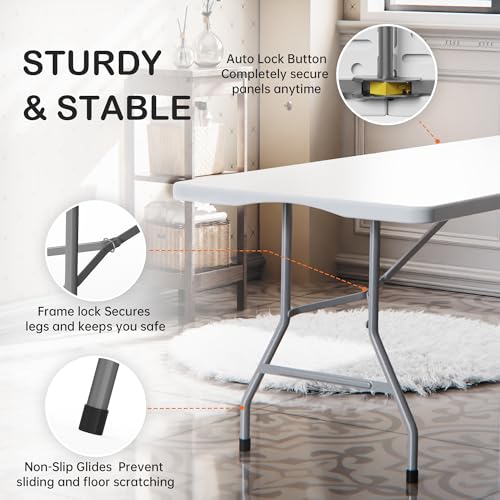 VSOAEIL Folding Table 6 Foot for Indoor Outdoor, Portable Heavy Duty Fold-in-Half Utility Plastic Foldable Dining Table wi...