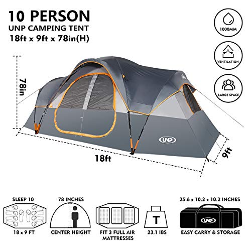 UNP Camping Tent 10-Person-Family Tents, Parties, Music Festival Tent, Big, Easy Up, 5 Large Mesh Windows, Double Layer, 2...