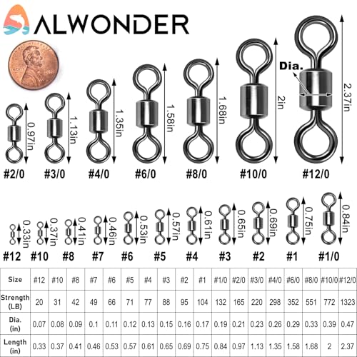 Alwonder Fishing Barrel Swivels, 40 to100-Pack Swivels Fishing Tackle Freshwater Saltwater Swivel Rolling Swivel Heavy Dut...
