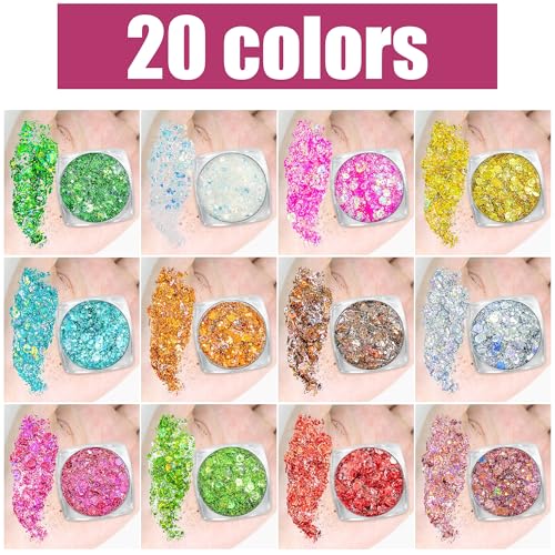 Body Glitter Face Glitter Makeup Festival Glitter, 20 Colors Face and Body Glitter Gel, Hair Glitter Gel, Body Makeup
