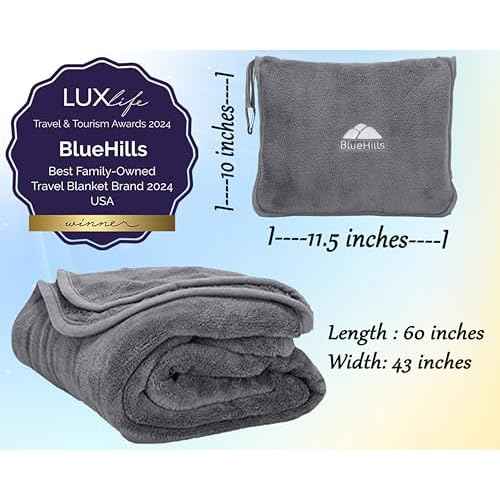 BlueHills Premium Soft Travel Blanket Pillow Airplane Flight Blanket Throw Bag Pillowcase Compact Large 2 in 1 Combo Warm Traveling Plane Essentials Portable Gifts Lightweight Grey Gray T007