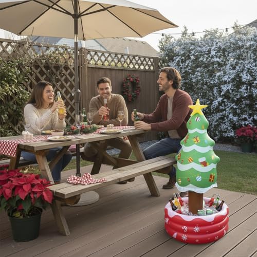 Inflatable Christmas Tree Cooler, Holiday Drink Holder & Ice Bucket for Parties, Christmas in July Decoration, 56 x 26 x 2...