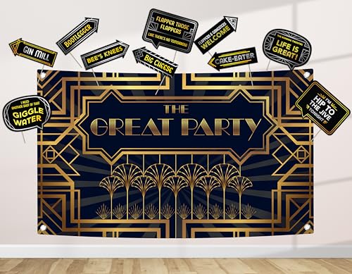 Roaring 20s Great Gatsby Decoration Kit - Includes Photography Backdrop & 10 Studio Selfie Photo Booth Props with Sticks -...