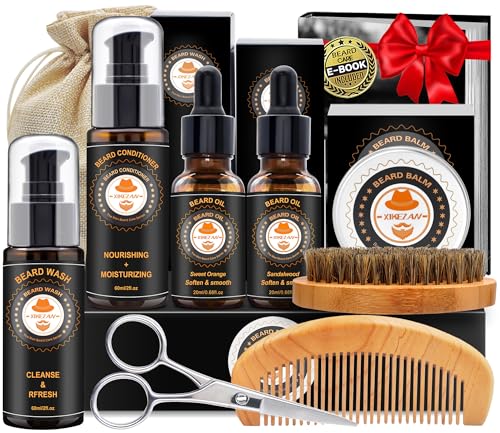 XIKEZAN Beard Kit for Men Grooming & Care w/Beard Conditioner, Wash, Oil, Balm, Brush, Comb,Birthday Fathers Valentines Gi...