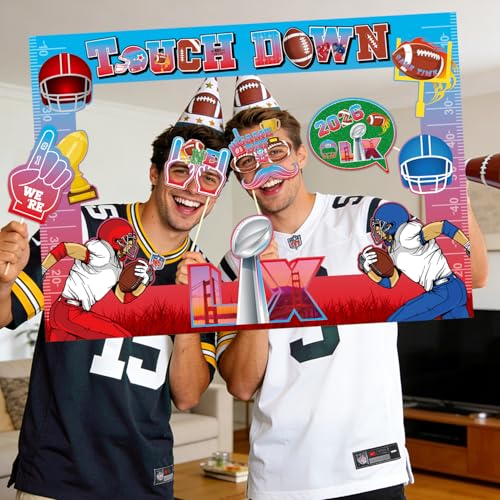 Super Football Party Decorations 2026 Photo Booth Props Set Include 1 Photo Booth Frame and 16 Photo Props Touch Down Supe...