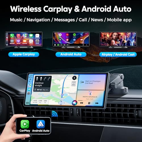 JATAZA 10.26" Wireless Apple Carplay Screen for Car, Secure Strong Bracket, Portable Apple CarPlay& Android Auto Car Stere...