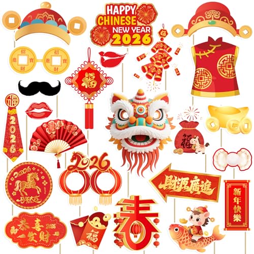 Happy Chinese New Year Photo Booth Props- 24Pcs 2026 Lunar New Year Photo Booth Props, 2026 Chinese New Years Party Suppli...