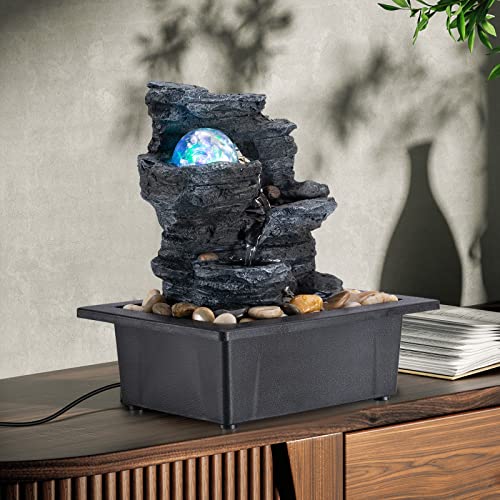 Amootek Tabletop Fountain Rotating Ball Rock Waterfall Fountain Office Includes Many Natural River Rocks Decorated with Co...