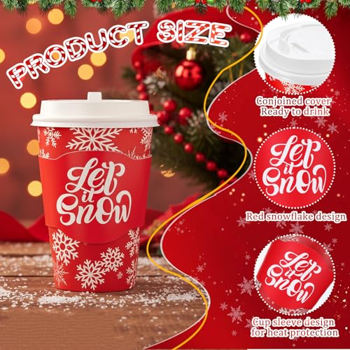 Potchen 48 Sets 12oz Winter Snowflake Coffee Cups with Lids and Sleeves Red Christmas Snowflake Paper Drinking Cups For Xm...