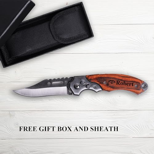 Custom Pocket Knife for Men | Laser Engraved Wood Handle Knife for Camping Hunting with Sheath | Groomsmen Folding Blade |...