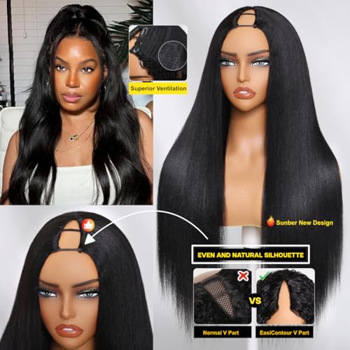 Sunber Yaki Straight V Part Human Hair Glueless Wig Upgrade U Part Wig No Leave Out Vpart light yaki straight Machine Made Clip In Half Wigs No Leave Out Real Scalp V Shape 150% Density 20Inch
