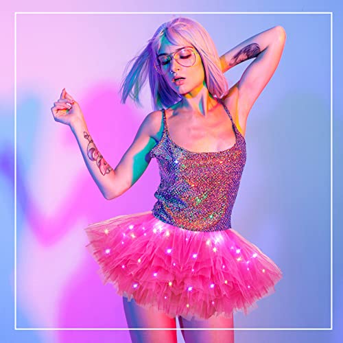 Crowye LED Tutu Skirt Light up Tutus 5 Layered Neon Tulle Skirt for Women 80's Party Valentine's Day New Year Glitter Costume