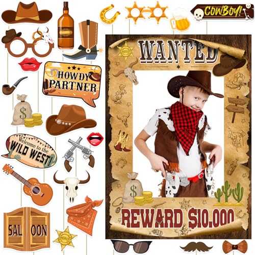 SKJIAYEE 25 Pcs Brown Western Cowboy Cowgirl Party Decorations - Large Size Western Wanted Photo Booth Frame and Wild West...
