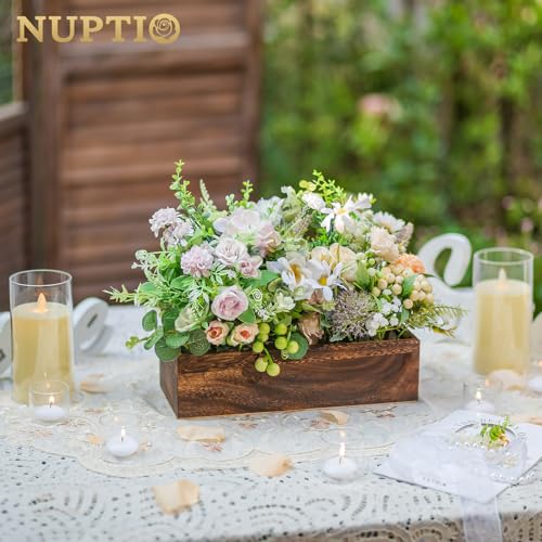 NUPTIO Wooden Box Centerpiece for Table: 2 Pcs 11.8" Long Wood Rectangle Planters - Farmhouse Flower Vase for Fall Wedding...
