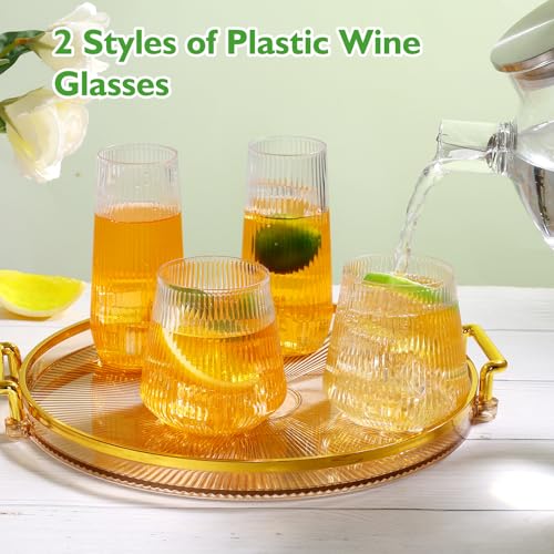 mwellewm 48 Pcs Plastic Wine Glasses Disposable Ribbed Cocktail Cups Set 9 OZ Stemless Champagne Flutes 12 OZ Origami Shat...