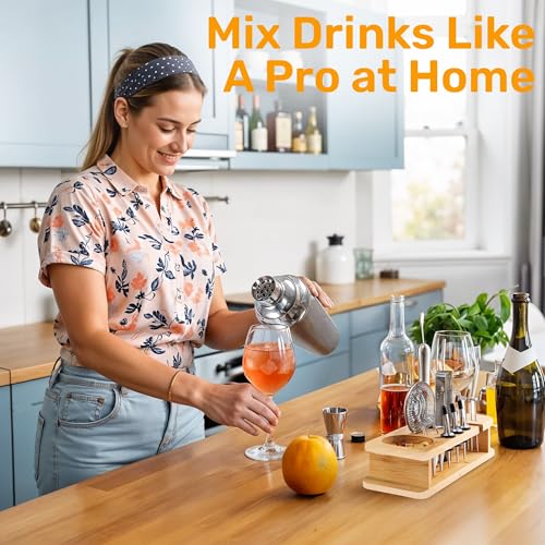 16 Piece Bartender Kit with Bamboo Stand | Cocktail Shaker Set Essential Bar Tools Wine Shaker Ice Filter Mixing Spoon Jig...