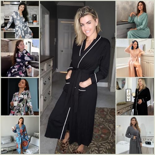 Ekouaer Women Kimono Robes Full Length Knit Bathrobe Lightweight Soft Sleepwear V-neck Casual Ladies Loungewear S-XXL