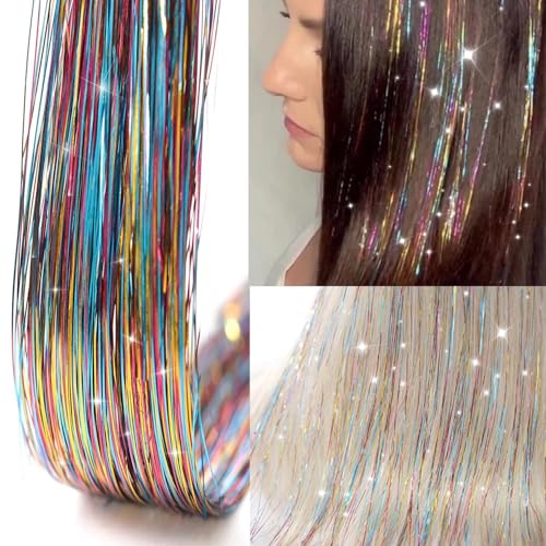 Hair Tinsel 12Pcs Clip in Rainbow Hair Accessories 20.5 Inch Fairy Hair Tinsel Kit for Women Girls Kids Glitter Extensions...