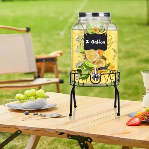 2 Gallon Glass Drink Dispenser with Stand, Drink Dispensers for Parties, Beverage Dispenser with Leakproof Stainless Steel...
