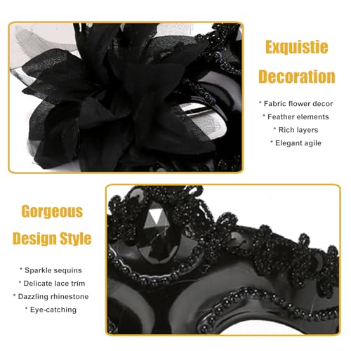 Masquerade Mask for Women Venetian Halloween Carnival Masks for Party Prom Ball (Black)