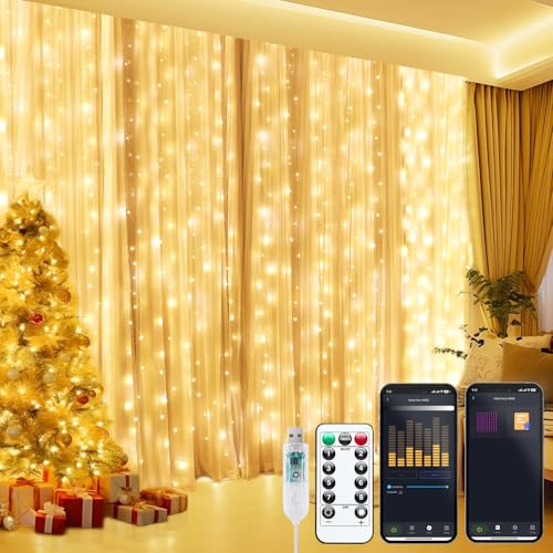 Brightown Smart Curtain Lights, USB Plug in, 9.8ft 300 LED Window Smart String Light with APP and Remote, 8 Modes, Waterpr...