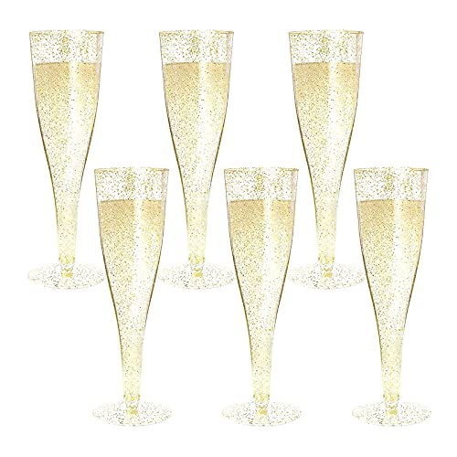 MR.FOAM Disposable Gold Glitter Champagne Flutes, 6PC Plastic Glasses for Parties, Toasting, Mimosa, Wedding and Shower Su...