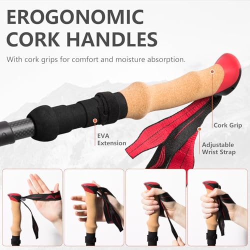 BISINNA Carbon Fiber Trekking Poles Collapsible Hiking Poles Lightweight Walking Sticks with Cork Handle Quick Lock for Wo...