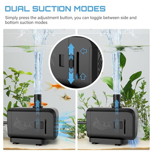 AQQA Submersible Aquarium Water Pump, Fountain Pump with Adjustable Flow,Dual-Suction Side/Bottom Intake,Ultra-Quiet Therm...