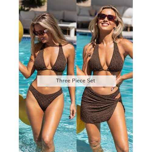 CUPSHE Women's Bikini Sets Three Piece Swimsuit V Neck Textured Halter Back Self Tie Twist Sarong Low Rise