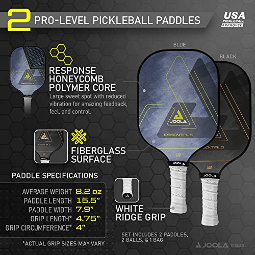 JOOLA Beastmode by Marshawn Lynch or Essentials Pickleball Paddle Set of Two with Reinforced Fiberglass Surface and Honeycomb Polypropylene Core ? Includes 2 Rackets, 4 Balls, and Storage Carry Bag