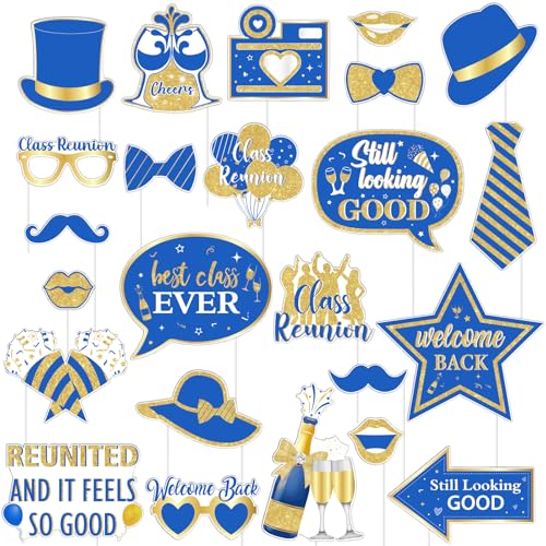 JOYMEMO 24Pcs Class Reunion Photo Booth Props, Blue Gold Best Class Ever Welcome Back Party Decorations, Reunion Party Pho...