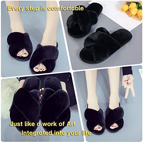 LZLER Women’s Cross Band Slippers, Soft Plush Fleece Lightweight Non Slip Open Toe Flip Flop Shoes House Indoor Outdoor Fu...