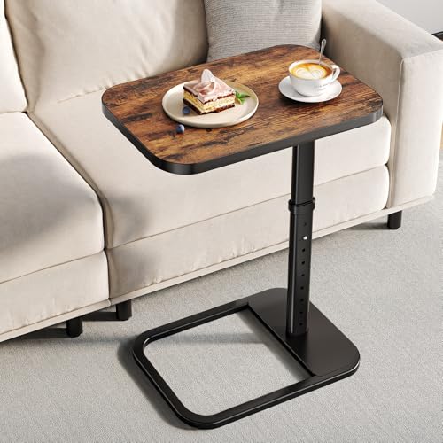 Brown TV Tray Table with 9-Level Adjustable Height, Lockable Flip-Top & Rounded Metal Corners, C Shaped Sofa Side End Tabl...
