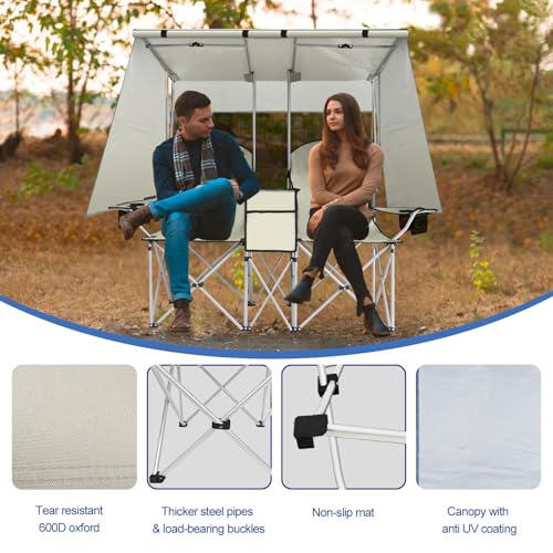 ptlsy Double Camping Chair with Canopy, Folding Two-Person Seat, Portable Outdoor Loveseat with Shade, Portable Chairs for...