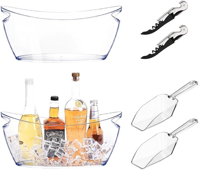 Ice Buckets for Parties, 2 Pcs Clear Acrylic Ice Bucket Bowls, 5.5L Champagne Wine Bucket with Scoops & Wine Bottle Opene...