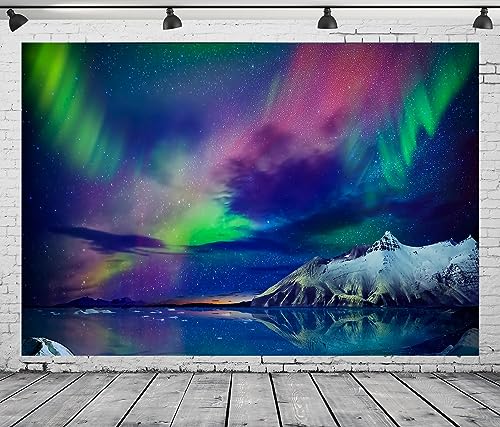 BELECO 7x5ft Fabric Gorgeous Northern Lights Backdrop Norway Aurora Borealis Alaska Snow-Capped Mountains and Sea View Bac...