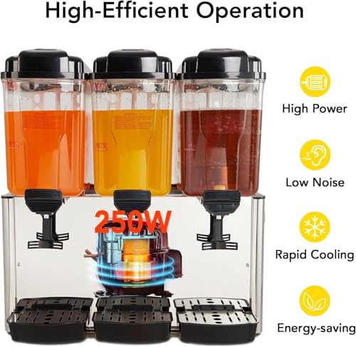 Commercial Beverage Dispenser, 3 Tanks 18 L/19QT Per Tank Juice Dispenser, 350w Stainless Steel Ice Tea Drink Machine with...