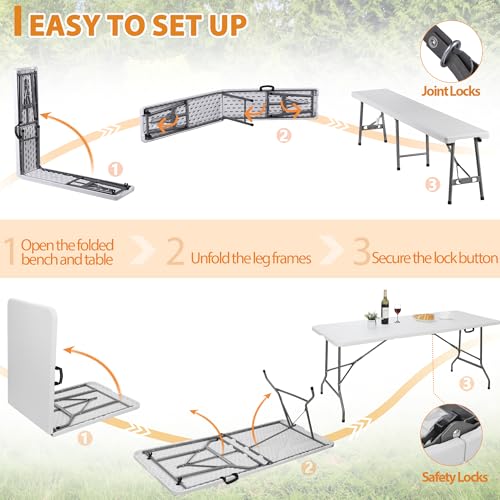 SUPER DEAL Folding Table Set with 2 Benches, 6 FT Camping Picnic Table Set, Outdoor Indoor Portable Furniture for Working ...