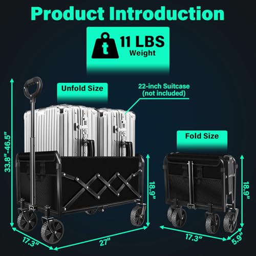 Collapsible Wagon Cart with Wheels Foldable: 360LBS Heavy Duty Folding Utility Wagon - Portable All Terrain Grocery Wagon ...