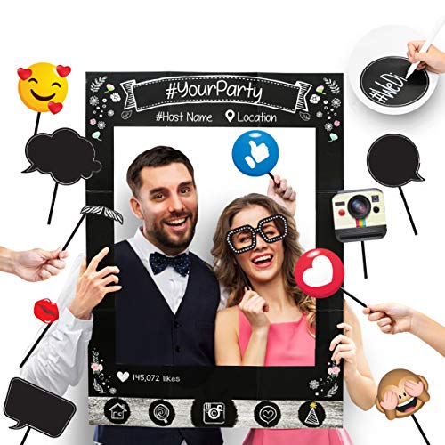 Insta-Themed Social Media Party Photo Booth Selfie Frame with Emoji & Speech Bubble Props. Great as Vintage Background Pho...
