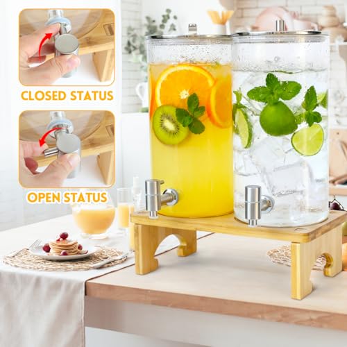2 Pack 1.5 Gallon Drink dispenser with Stand，Glass Beverage Dispenser With Wood Stand, 18/8 Stainless Steel Spigot and Lab...
