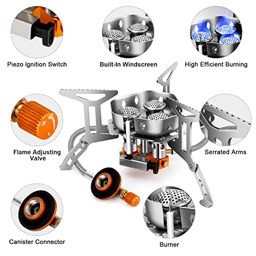 Odoland 3500W/6800W Windproof Camp Stove Camping Gas Stove with Fuel Canister Adapter, Piezo Ignition, Carry Case, Portabl...