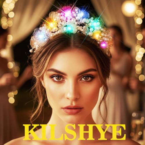 Kilshye Light Up Pearl Wedding Crowns and Tiaras Gold Flower Bridal Headband Prom Headpiece for Women