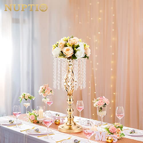 2 Pcs 19.3 inches Gold Centerpieces Table Tall Crystal Flowers Stand Wedding Road Lead Flower Holders Crystal Chandelier M...