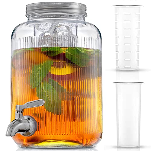 Fluted 1-Gallon Drink Dispenser. Glass Beverage Dispenser with Stainless steel Spigot plus Ice Cylinder and Fruit Infuser!...