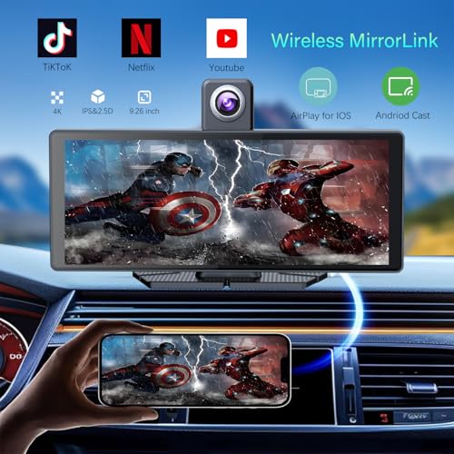 10.26" Wireless Portable Carplay Screen CarPlay & Android Auto Car Stereo 360 Rotation 4K Dash Cam 1080p Rear Camera Mirro...